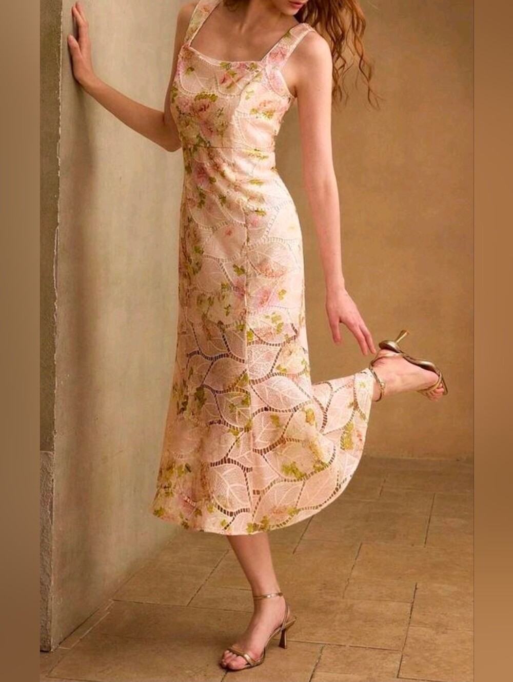 New Embroidered Floral Lace Midi Mermaid Hem Cami Dress